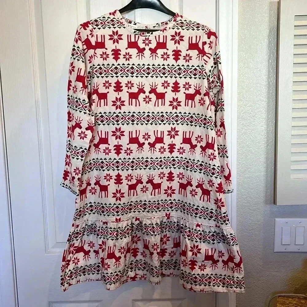 EUC Hanna Andersson Christmas Dress Girls Deer Long Sleeve Size 14-16 Holiday